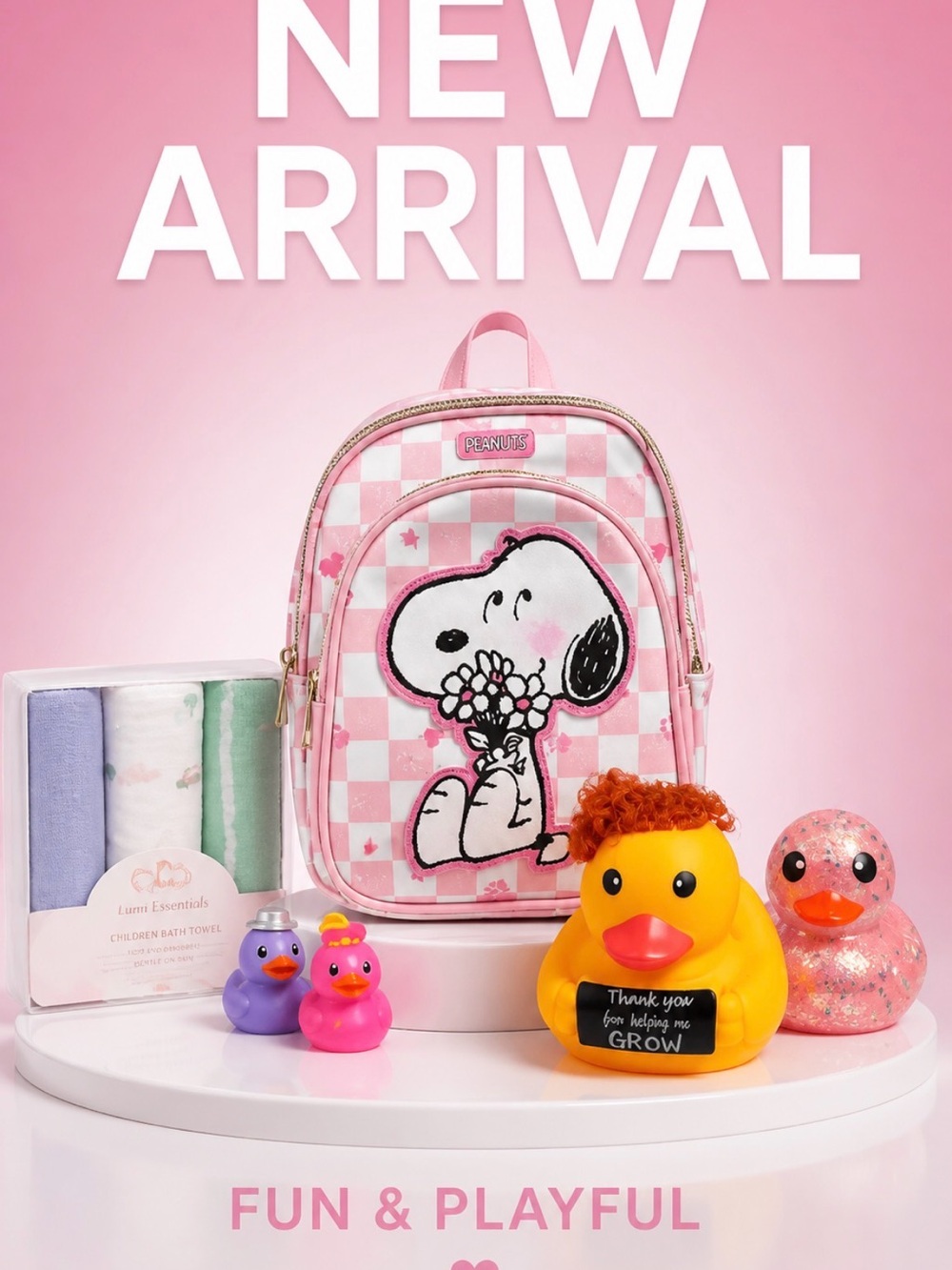 Peanuts Pink Check Snoopy Kids Backpack & blankets an bath toys